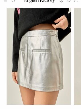 English Factory Metallic Silver Faux-Leather Mini Skirt
